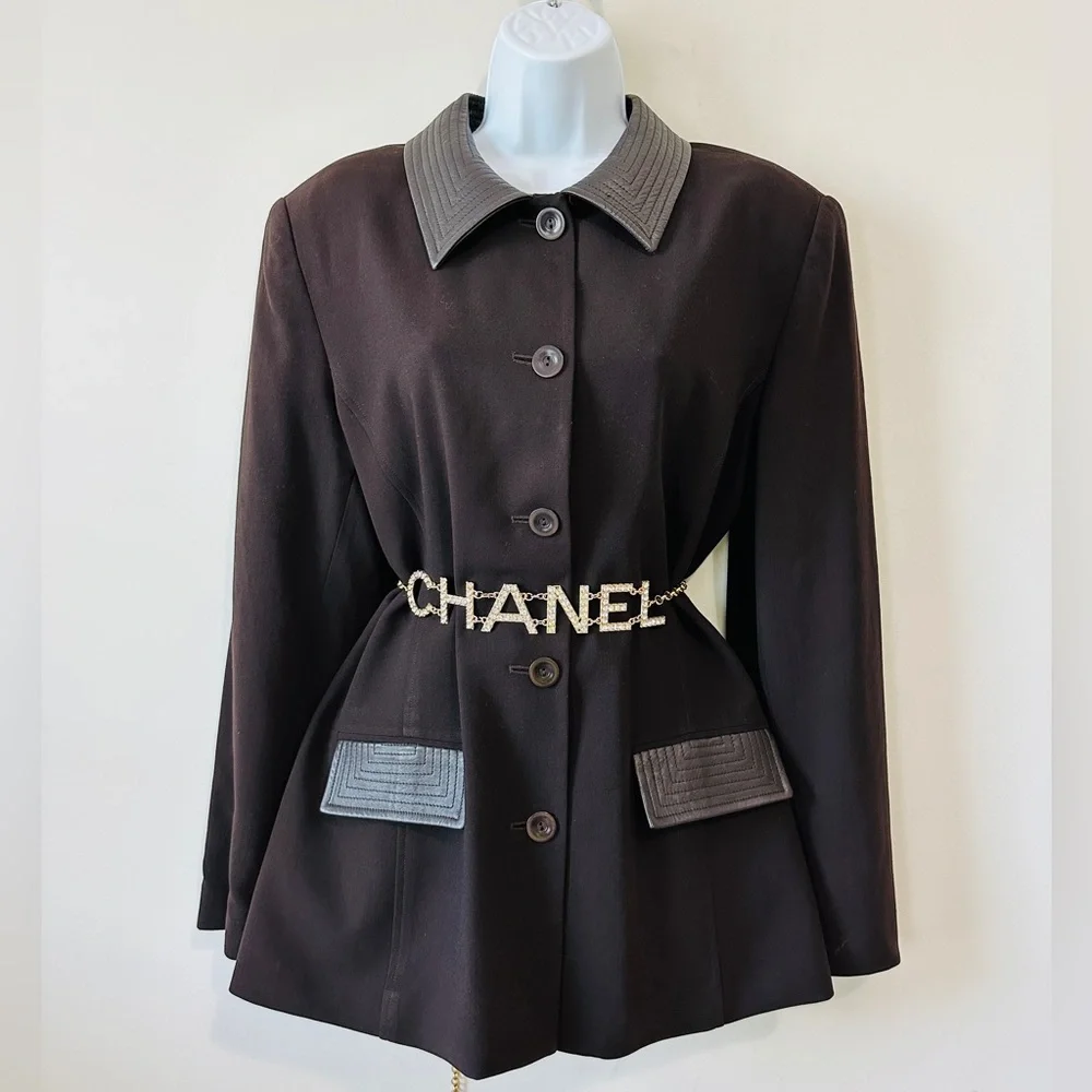 Vintage Brown Wool & Leather Contrast Blazer Jacket By Oscar De La Renta Size 14 - Picture 10 of 14